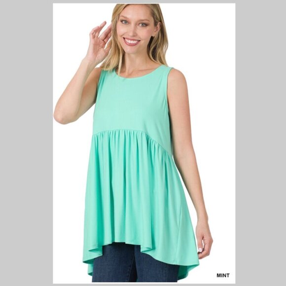 NIB Zenana BRUSHED DTY SLEEVELESS EMPIRE WAIST SHIRRING TOP - Picture 1 of 5